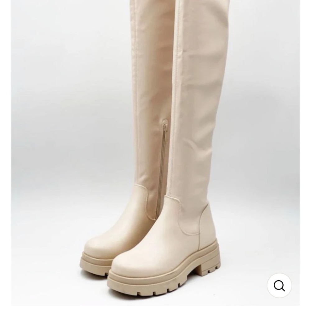 Bone thigh high faux leather combat boots
